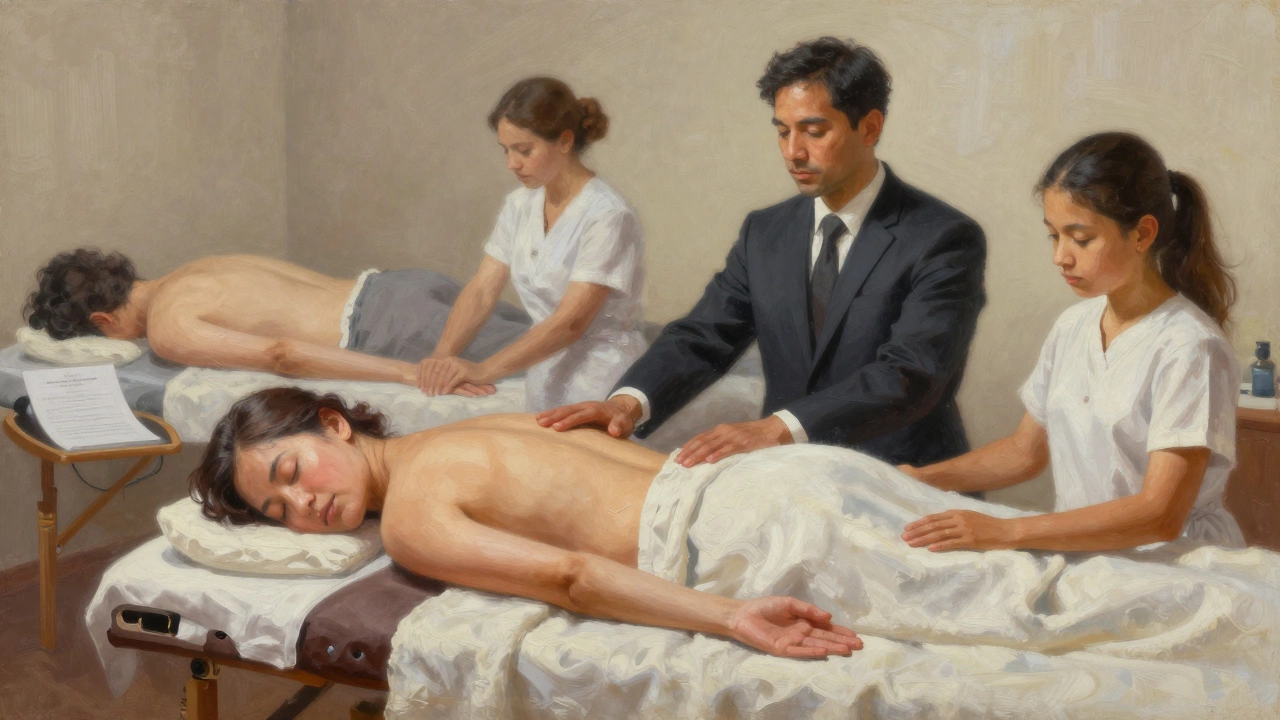 Diverse clients receiving professional touch in a regulated Dubai massage room, with legal documents visible.