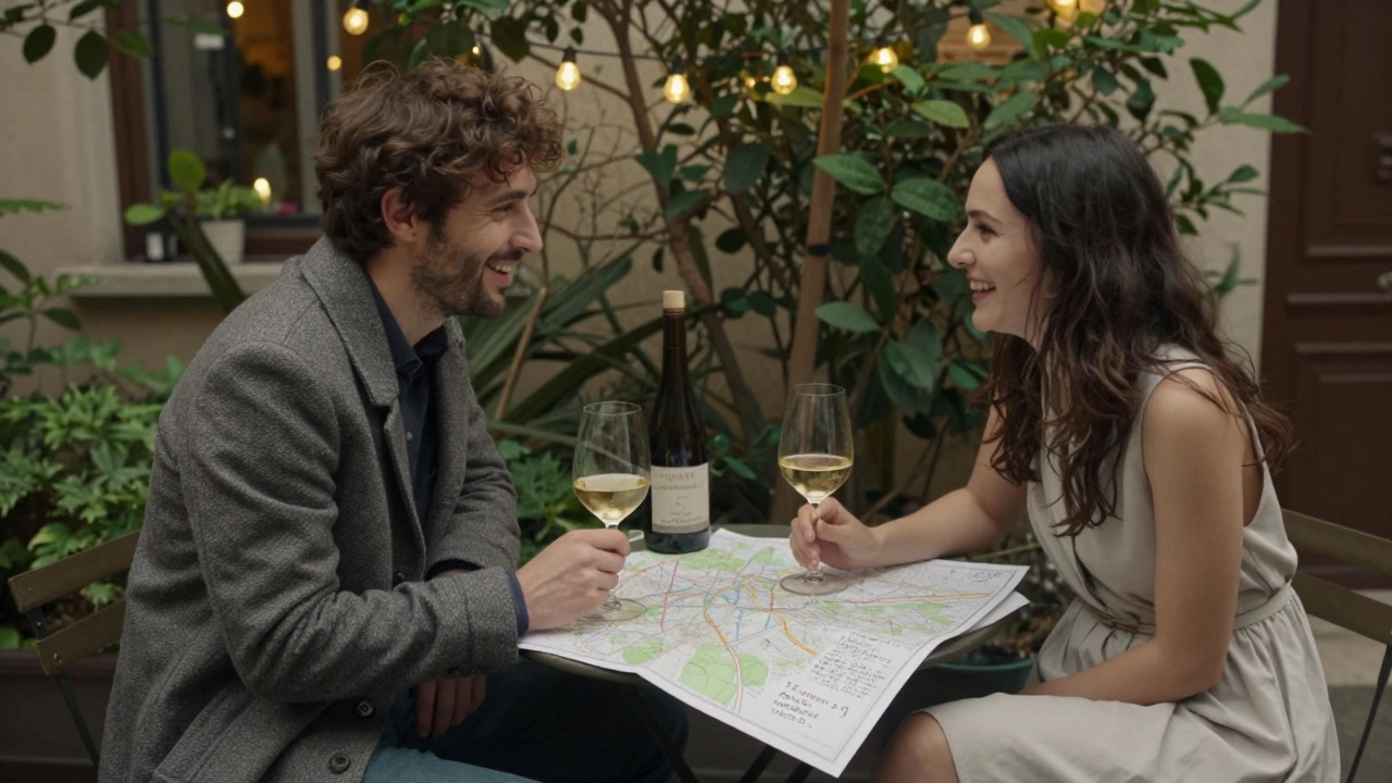 Two people sharing wine and laughter in a hidden Paris courtyard, a map of the city open between them.
