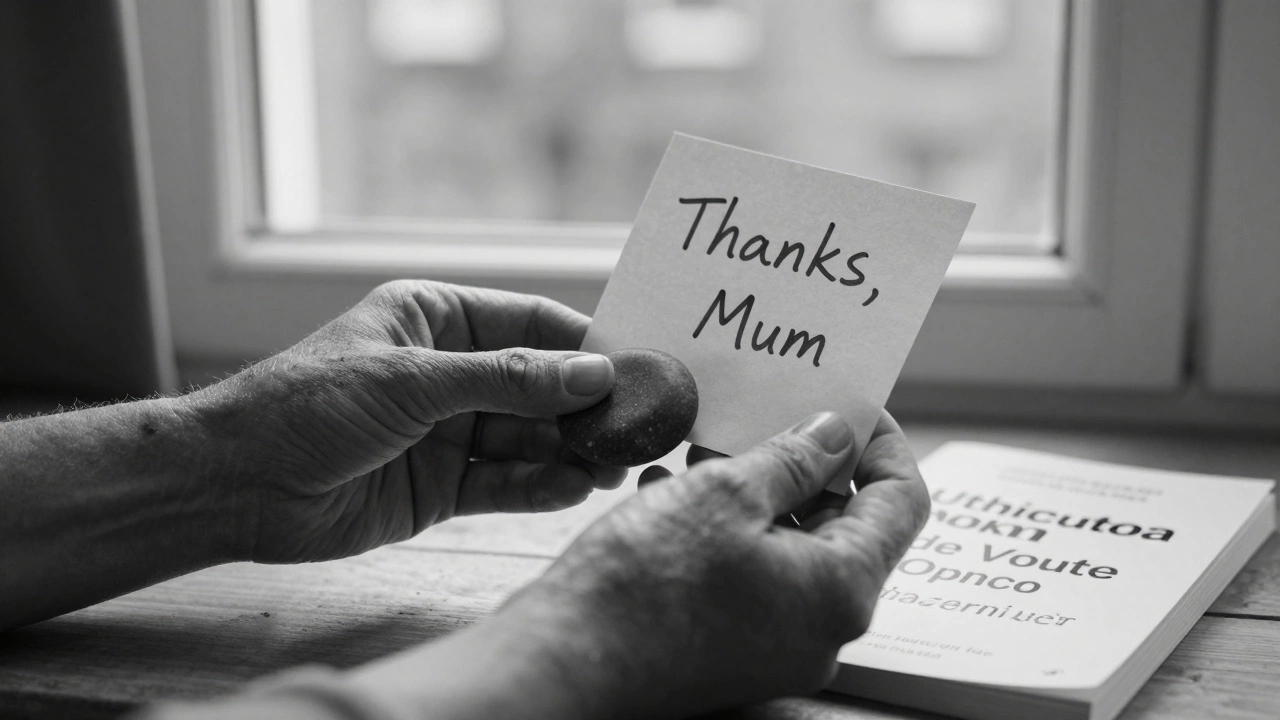 Vivienne&#039;s hands holding a warm stone and a note, beside a self-defense book and Portuguese phrasebook in a Bristol apartment.